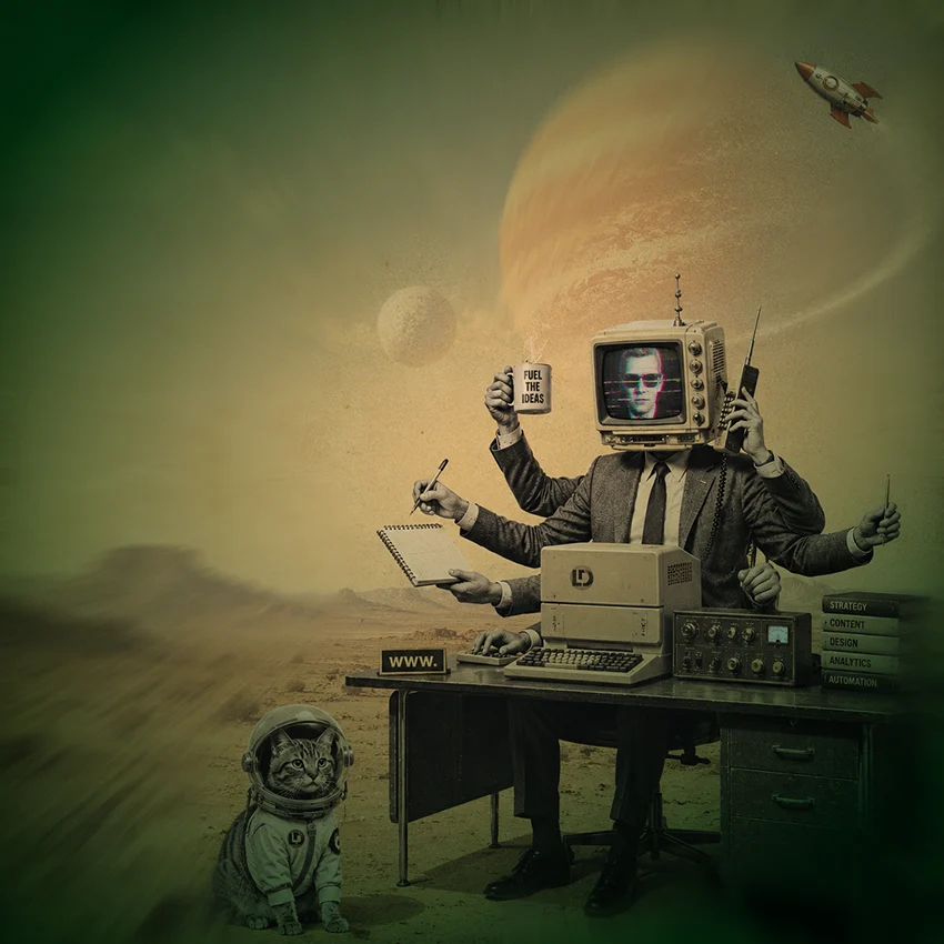 Ilustración retrofuturista sobre diseño de páginas web con inteligencia artificial Diseño de página web en Tijuana con inteligencia artificial para PyMEs
